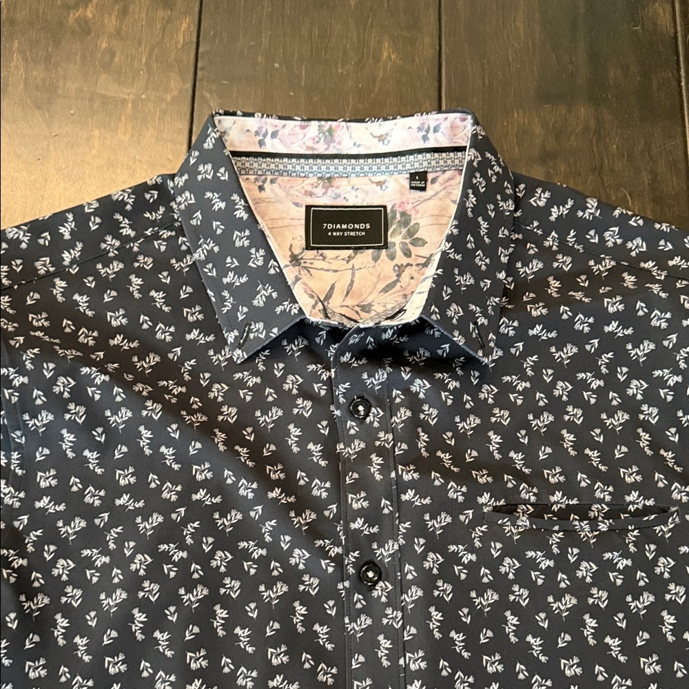 7 Diamonds Men's Dark Blue Leaf Print Shirt